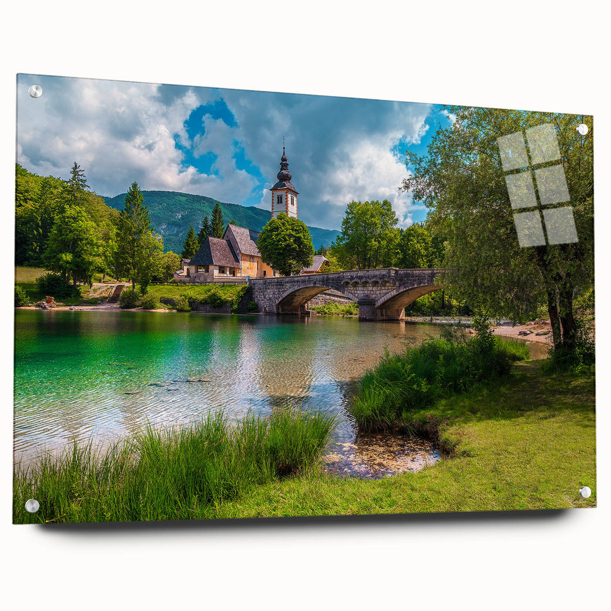 Acrylic print of a Slovenian landscape in muted greens and blues, suitable for dining room decor.