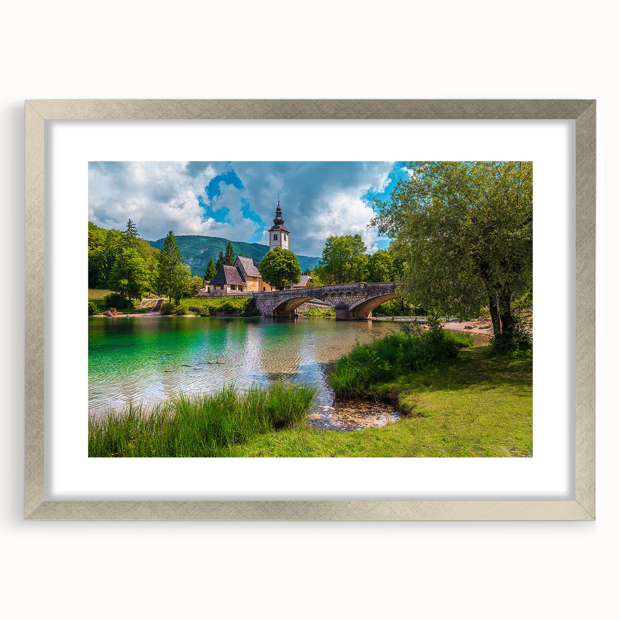 Abstract art print of a European landscape in muted earth tones, framed in silver, ideal for dining room decor.