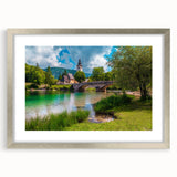 Abstract art print of a European landscape in muted earth tones, framed in silver, ideal for dining room decor.
