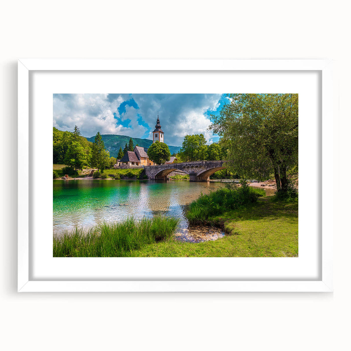 Extra large textured abstract art print of a European scenery in Slovenia, framed with a white mat.