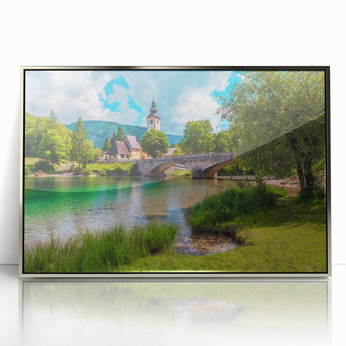Framed acrylic print of a European scenery in Slovenia, featuring muted green and blue tones.