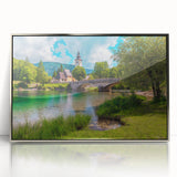 Framed acrylic print of a European scenery in Slovenia, featuring muted green and blue tones.