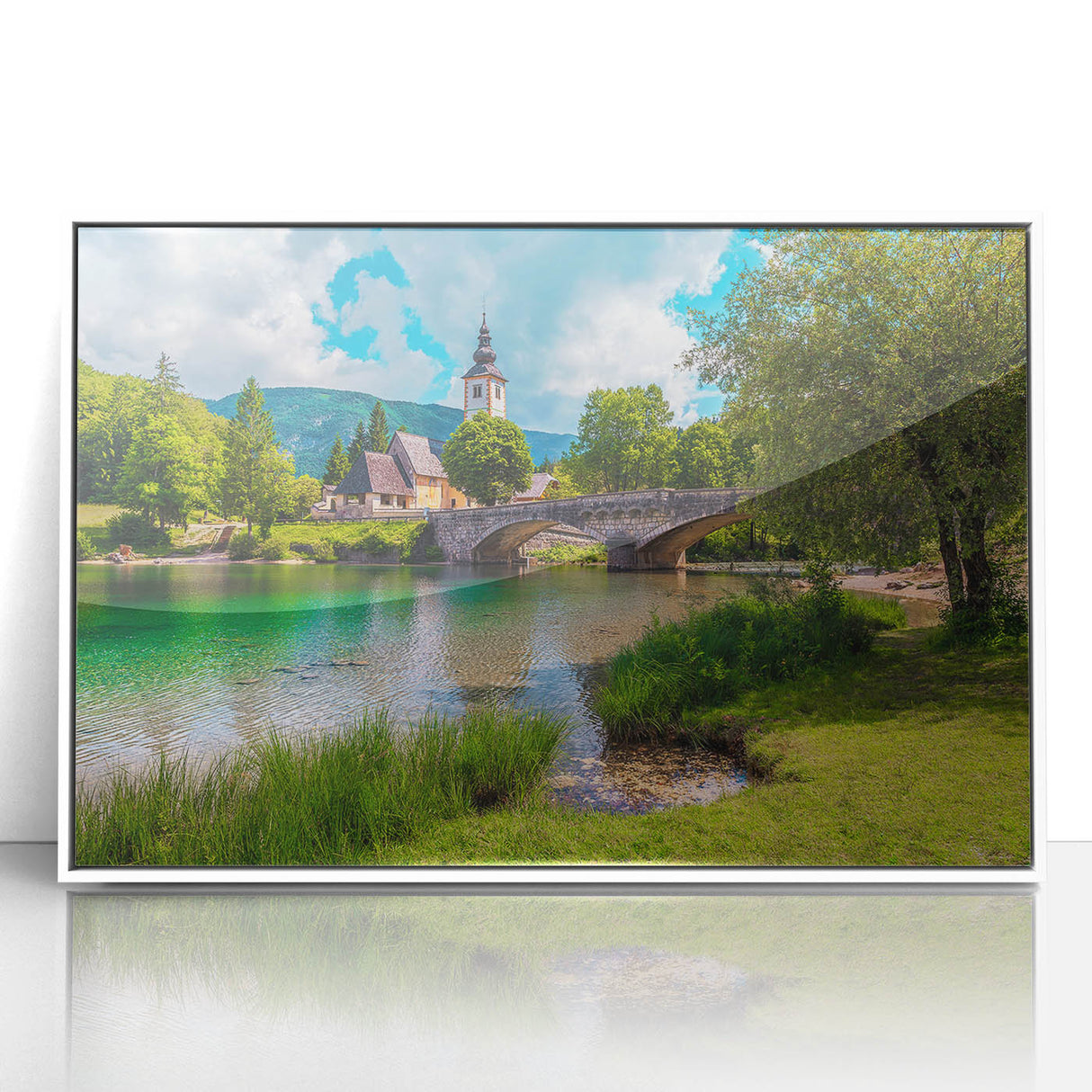 Framed acrylic print of a Slovenian landscape, featuring mid-century modernist style with muted earth tones.