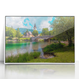 Framed acrylic print of a Slovenian landscape, featuring mid-century modernist style with muted earth tones.
