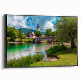 Black and white wall art featuring a vintage poster art style landscape of Slovenia on framed canvas.
