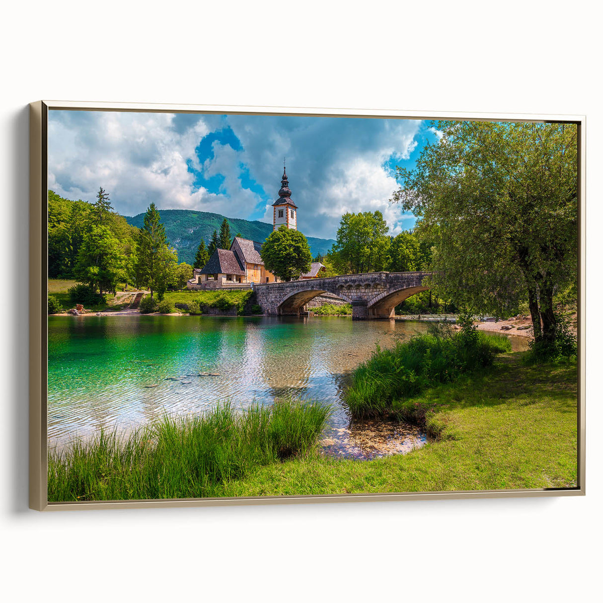 Landscape art painting of Slovenian scenery on framed canvas, featuring vibrant green and blue tones.