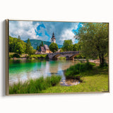 Landscape art painting of Slovenian scenery on framed canvas, featuring vibrant green and blue tones.