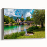 Vintage poster art of a Slovenian landscape on a silver-framed canvas, featuring vibrant green and blue tones.