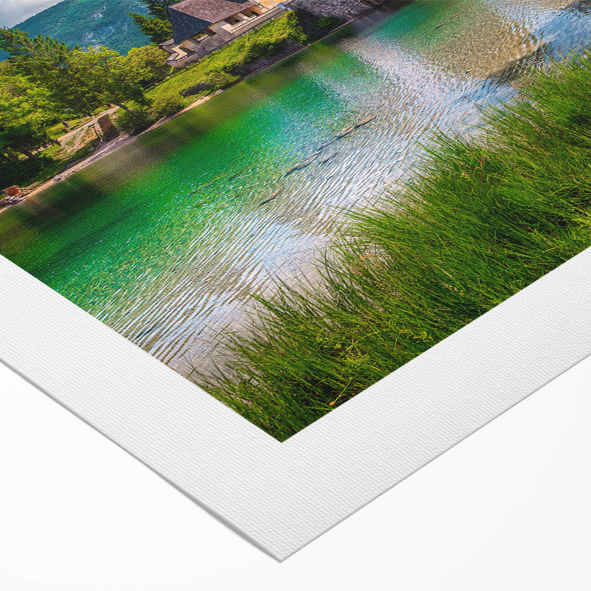 Art deco poster of a Slovenian landscape in muted earth tones on rolled canvas, suitable for dining room decor.