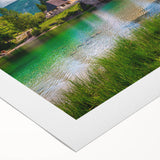 Art deco poster of a Slovenian landscape in muted earth tones on rolled canvas, suitable for dining room decor.
