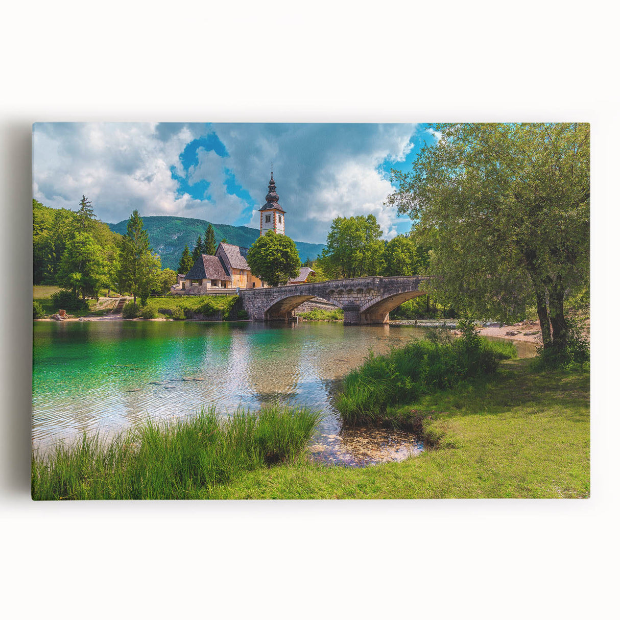 Black and white stretched canvas of a Slovenian landscape, ideal for kitchen wall art.