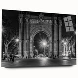 Large abstract depiction of Barcelona skyline in muted blue and orange on acrylic glass.