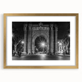 Abstract art print of Barcelona skyline in muted gold and blue tones on a framed canvas, suitable for dining room decor.