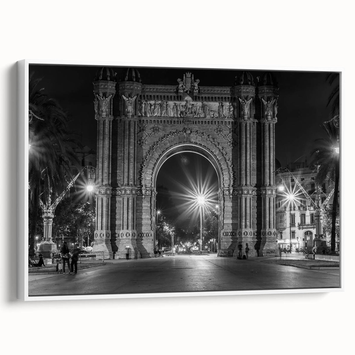 Vintage poster art of Barcelona scenery in vibrant colors on extra large framed canvas, suitable for living room decor.