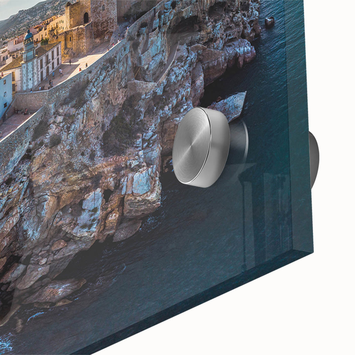 Large abstract wall art depicting a Valencia scenery in muted orange and teal hues on acrylic glass.