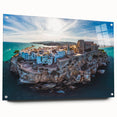 Abstract acrylic print of Valencia scenery in muted orange and blue tones, suitable for bedroom or dining room decor.