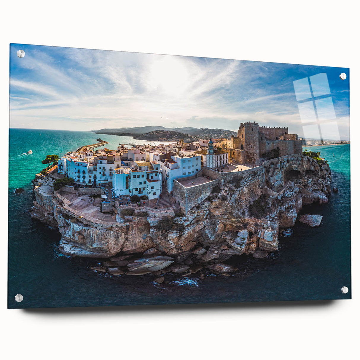 Abstract acrylic print of Valencia scenery in muted orange and blue tones, suitable for bedroom or dining room decor.