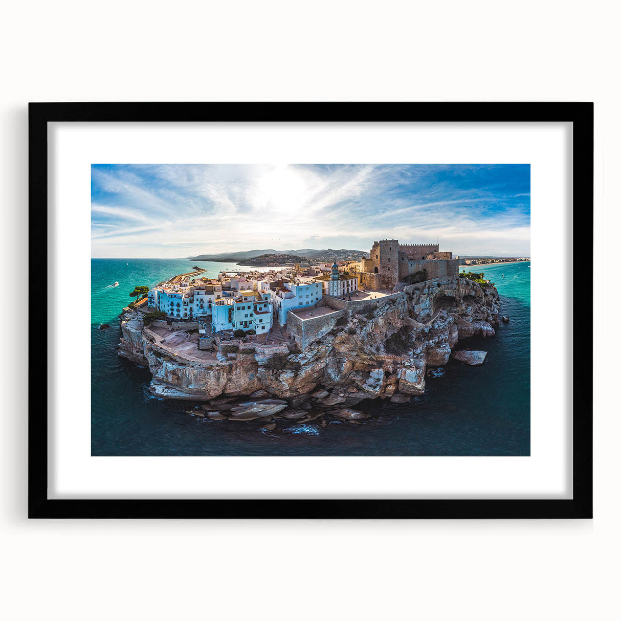 Abstract art print of Valencia scenery in vibrant colors on textured canvas, framed in black, ideal for living room decor.