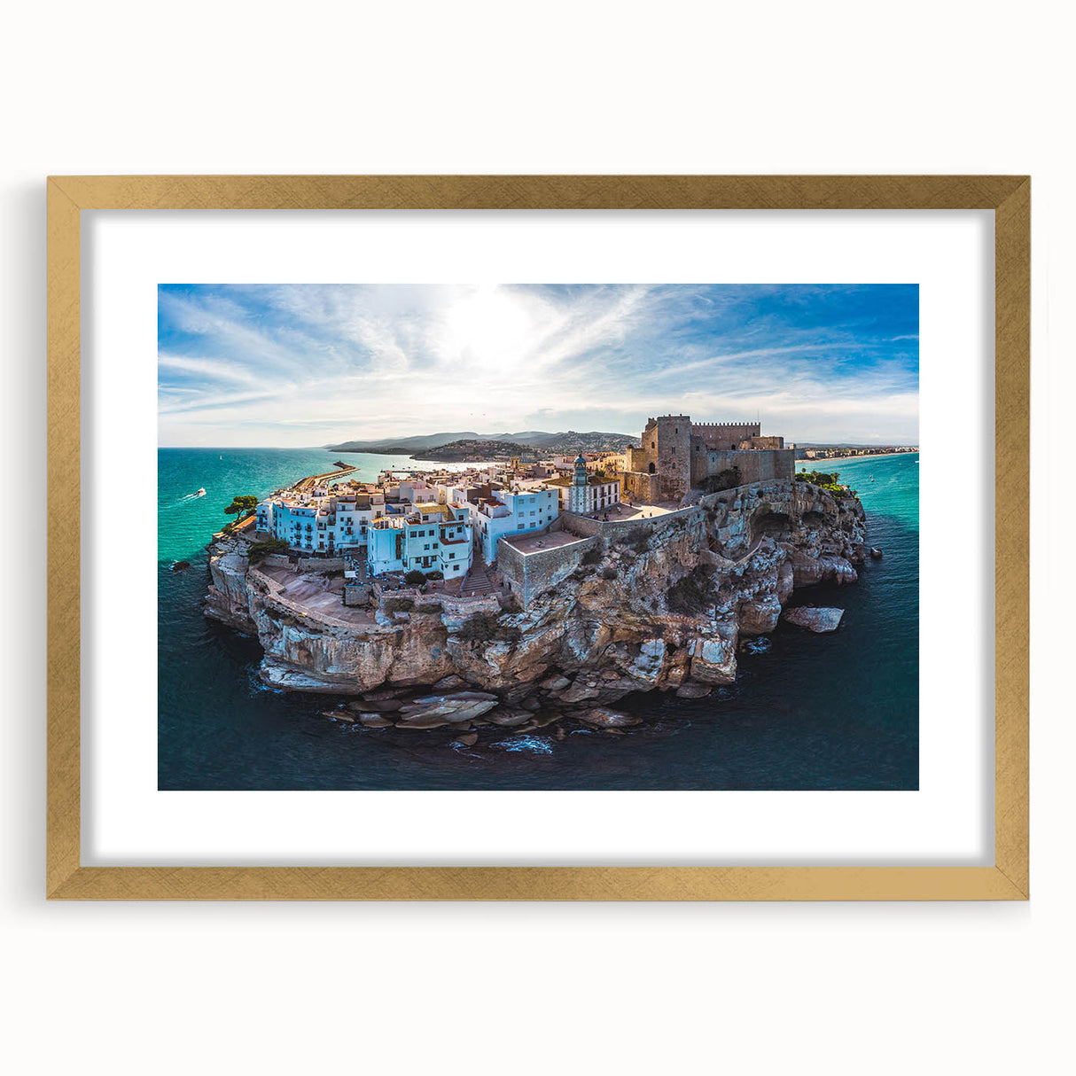 Extra large abstract art print of Valencia scenery in textured gold frame, ideal for living room decor.