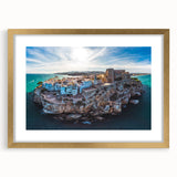 Extra large abstract art print of Valencia scenery in textured gold frame, ideal for living room decor.