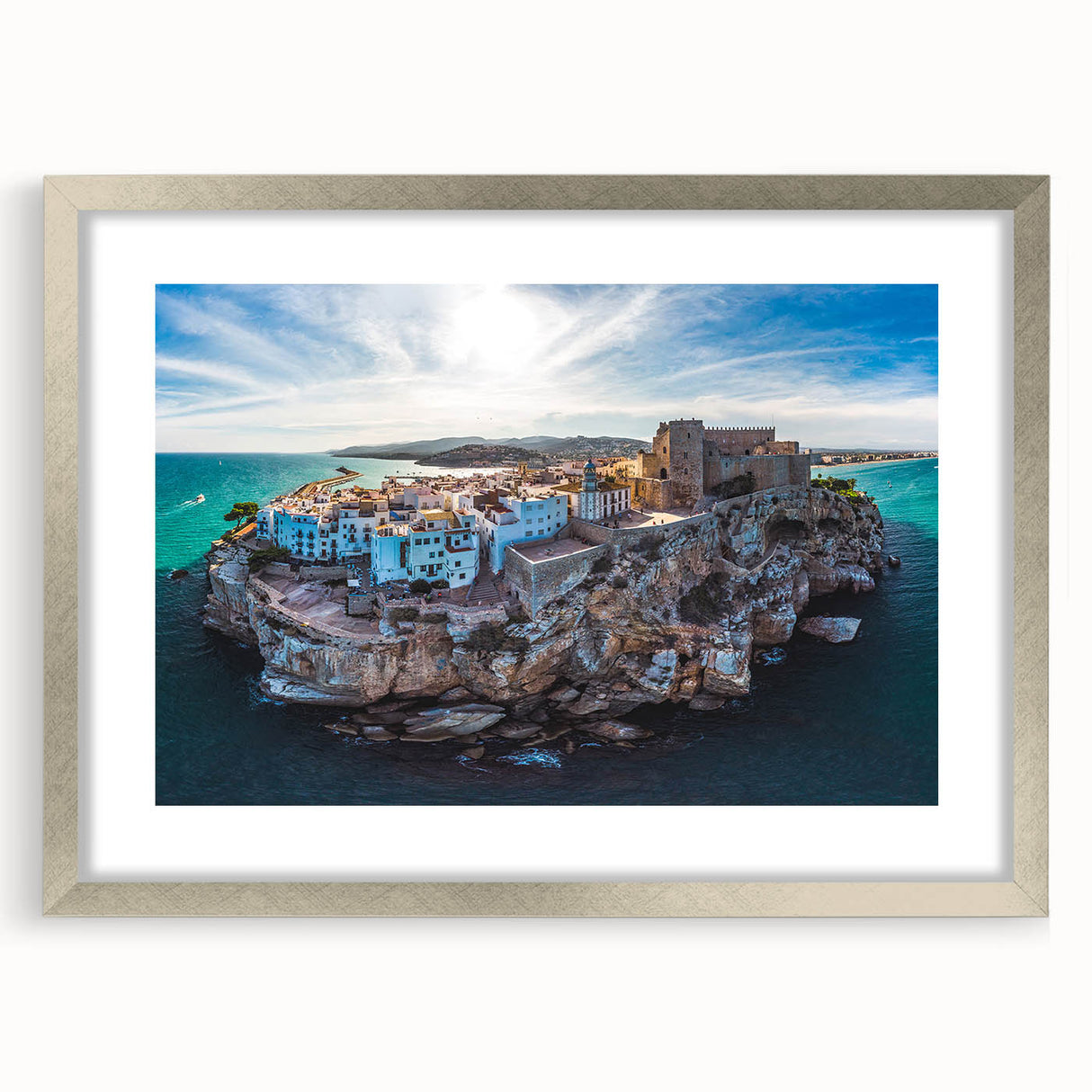 Textured art of abstract Valencia scenery in muted earth tones, framed with a silver mat, ideal for bedroom art.