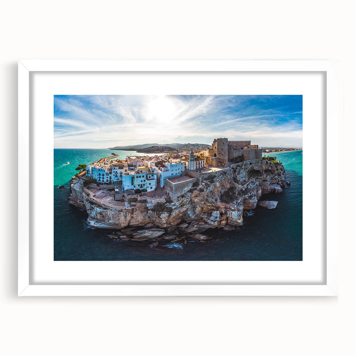 Abstract art print of Valencia scenery in muted earth tones on a white framed mat, suitable for dining room decor.
