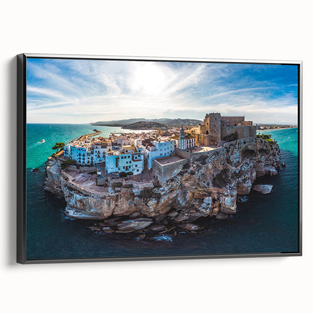Black and white landscape art painting of Valencia on framed canvas, ideal for bedroom wall decor.