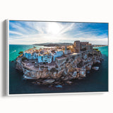 Vintage poster art of Valencia scenery on framed canvas, featuring colorful art in muted tones, ideal for living room decor.