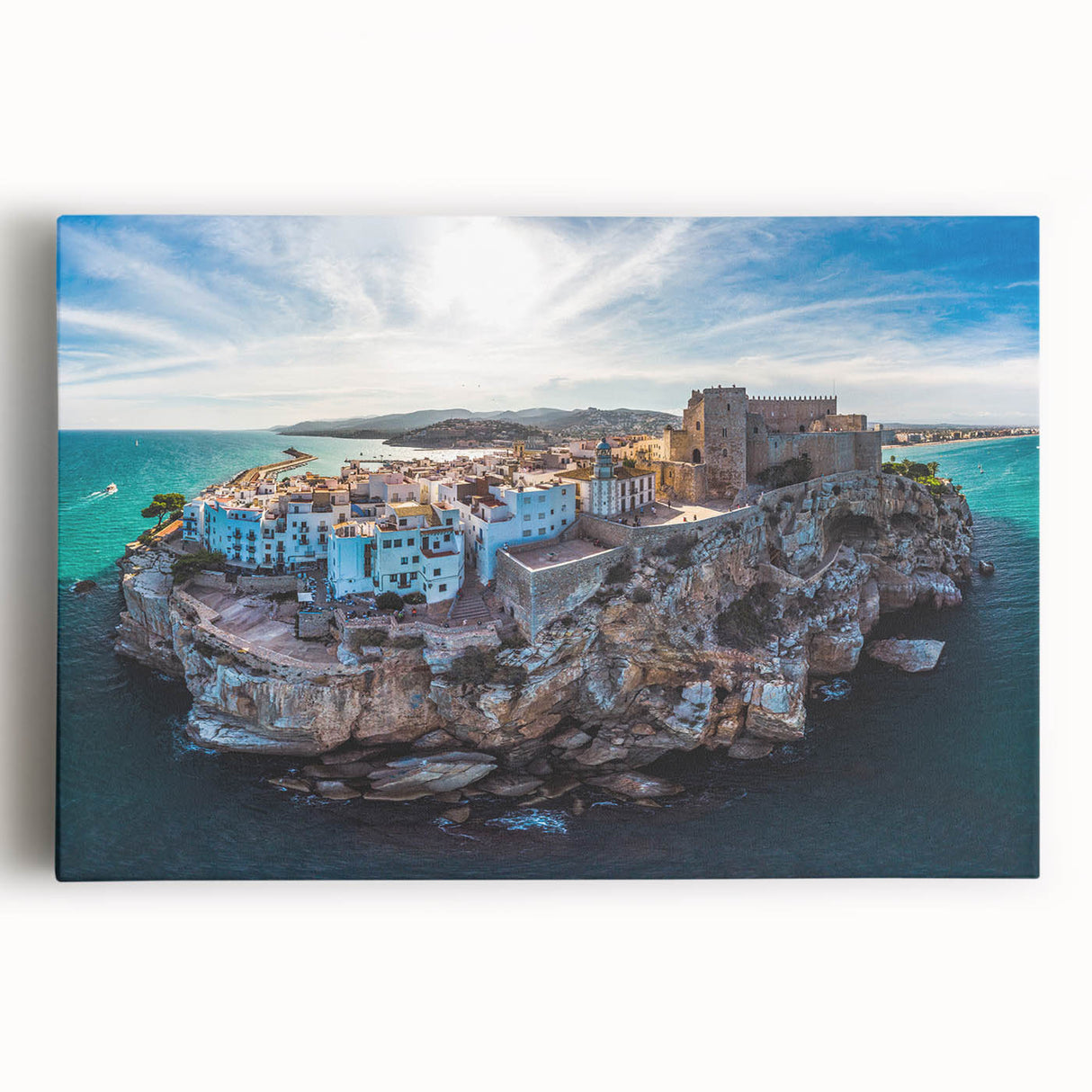 Large black and white stretched canvas of Valencia scenery, ideal for kitchen wall art.