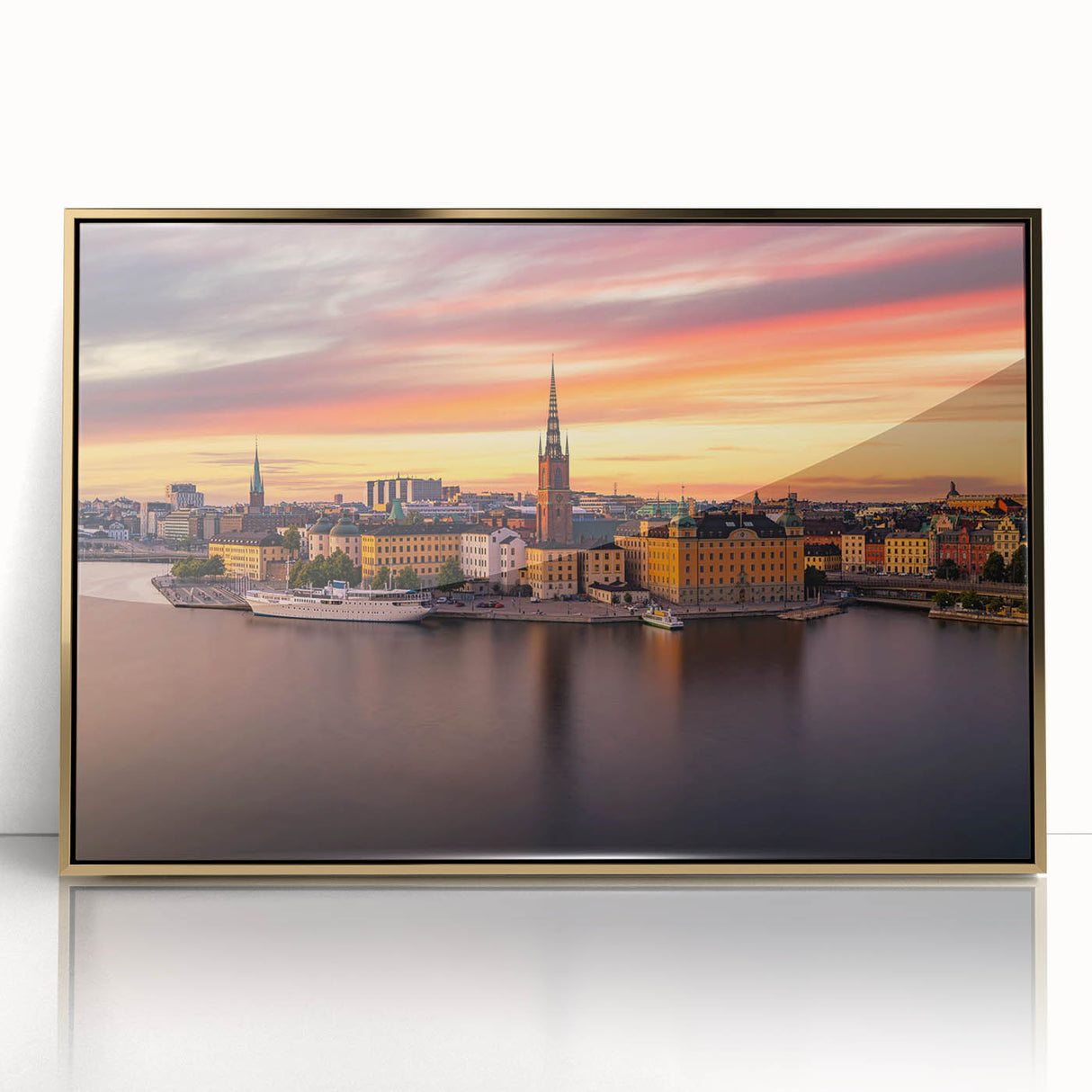 Large art print of Stockholm scenery in muted gold tones on framed acrylic, ideal for modern art wall decor.