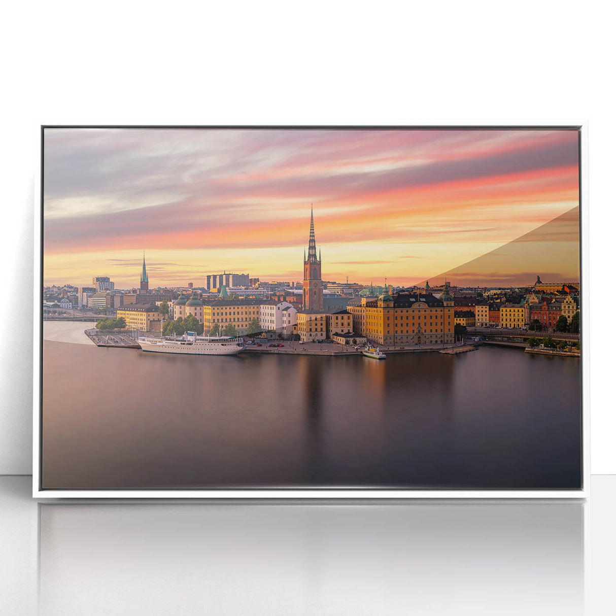 Art deco poster of Stockholm scenery with muted blue and white tones on acrylic, ideal for modern nursery wall decor.