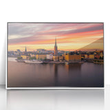 Art deco poster of Stockholm scenery with muted blue and white tones on acrylic, ideal for modern nursery wall decor.