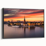 Black and white framed canvas depicting a vintage-style Stockholm landscape, ideal for bedroom wall decor.