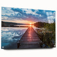 Large abstract wall art of a European scenery in muted blue and green tones on acrylic glass.