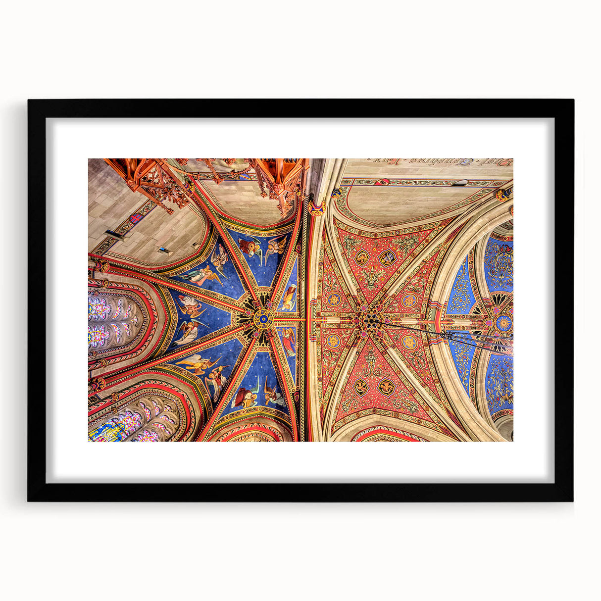 Extra large abstract art print depicting colorful, textured scenery of Geneva, on a framed black mat.