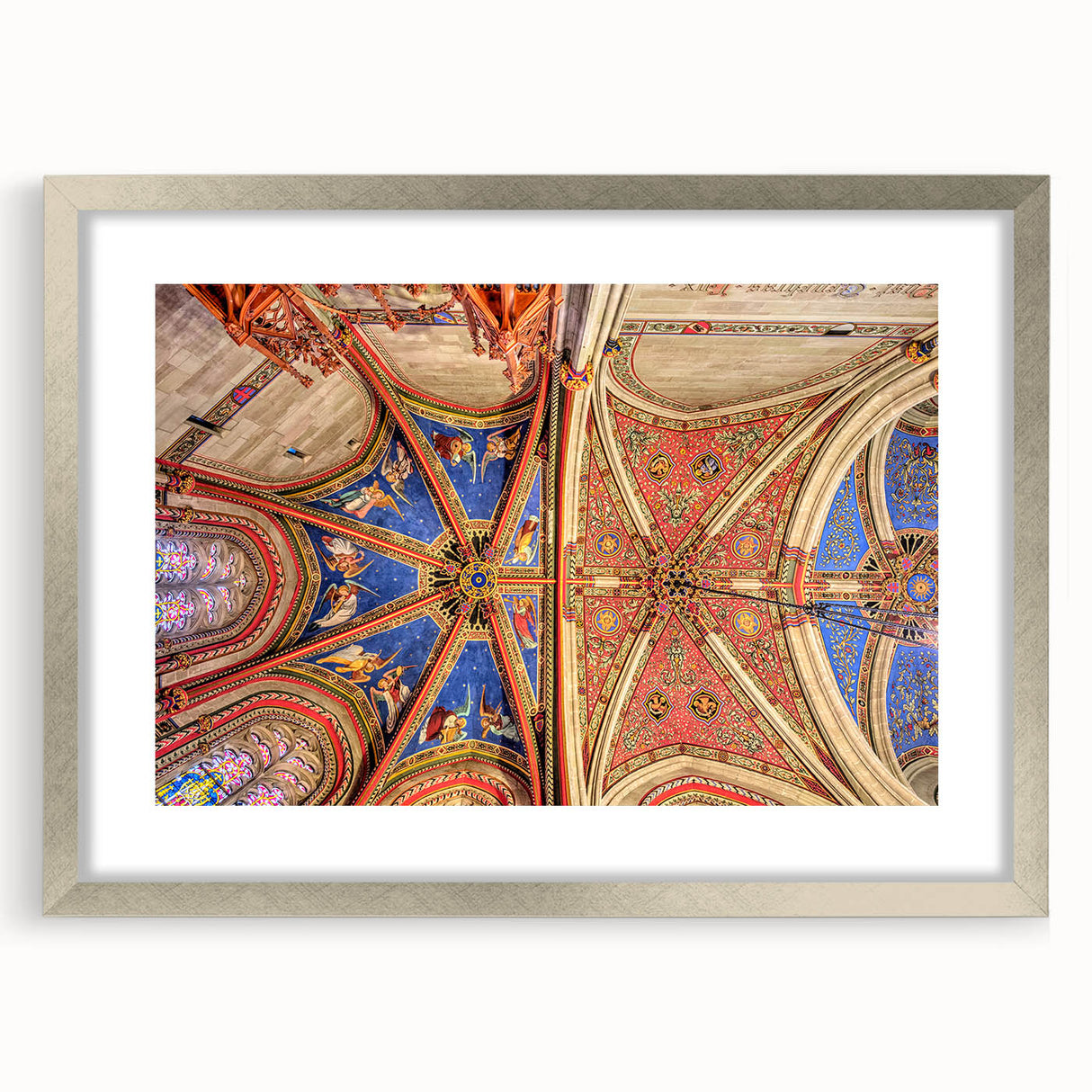 Textured art print of Geneva scenery in muted tones on a silver-framed mat, ideal for bedroom art.
