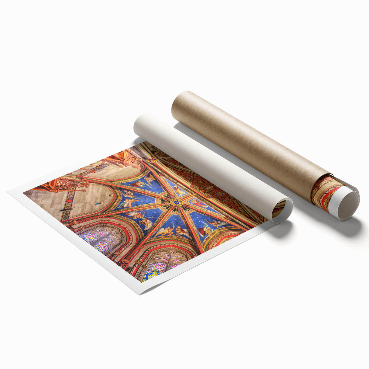 Extra large rolled print of Geneva scenery with floral accents in soft blues and greens.