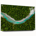 Acrylic print of a European scenery in Switzerland, featuring green landscapes and a blue sky, ideal for dining room decor.