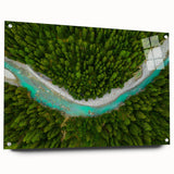 Acrylic print of a European scenery in Switzerland, featuring green landscapes and a blue sky, ideal for dining room decor.
