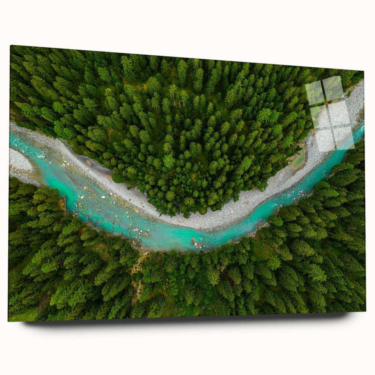 Large abstract wall art of a European landscape in muted blues and greens on acrylic glass.