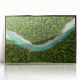 Mid-century modernist art depicting a serene Swiss landscape in muted greens and blues on a silver-framed acrylic print.