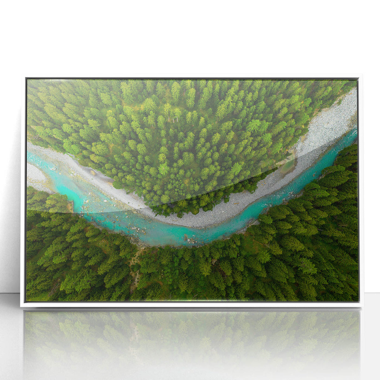 Art deco poster of a Swiss landscape in muted blues and greens, acrylic print framed in white.