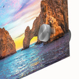 Large abstract wall art of Cabo San Lucas in muted oceanic tones on acrylic glass, ideal for dining room decor.