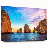 Acrylic print of a large abstract depiction of Cabo San Lucas, featuring vibrant blue and green tones.