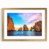 Large art print of Cabo San Lucas scenery in mid-century modernist style with gold frame, suitable for modern nursery decor.