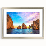 Mid-century modernist art depicting Cabo San Lucas scenery in silver frame, ideal for nursery wall art.