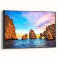 Black and white framed canvas featuring a vintage-style landscape of Cabo San Lucas, ideal for bedroom wall decor.