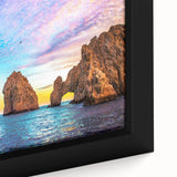 Extra large framed canvas featuring a textured depiction of Cabo San Lucas with a black and colorful art palette.