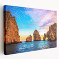 Large art depicting the scenic Cabo San Lucas coastline on stretched canvas, suitable for kitchen wall art.
