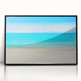 Large abstract wall art of Cancun scenery in mid-century modernist style, framed in black acrylic.